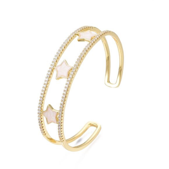 Enamel Star Open Cuff Bangle with Pave CZ Edge, Real 18K Gold Plated  NWOT - Picture 3 of 3